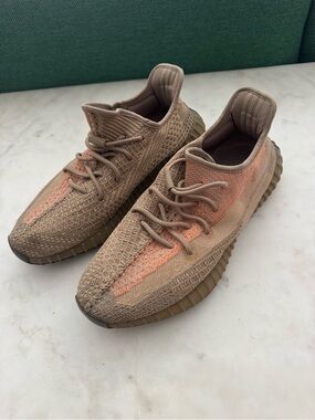 Yeezy Knit Sneakers in Tan with Coral Stripe